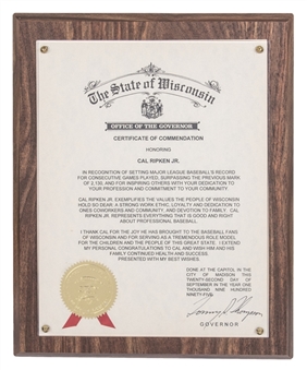 1995 The State of Wisconsin Certificate of Commendation Plaque Presented to Cal Ripken Jr. (Ripken LOA)